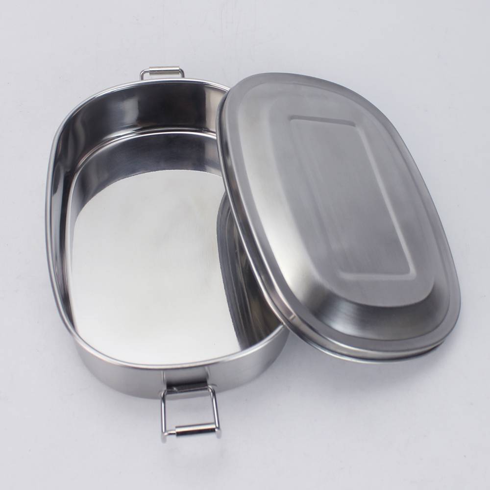 Stainless-steel oval lunch box with lock. Featured Image