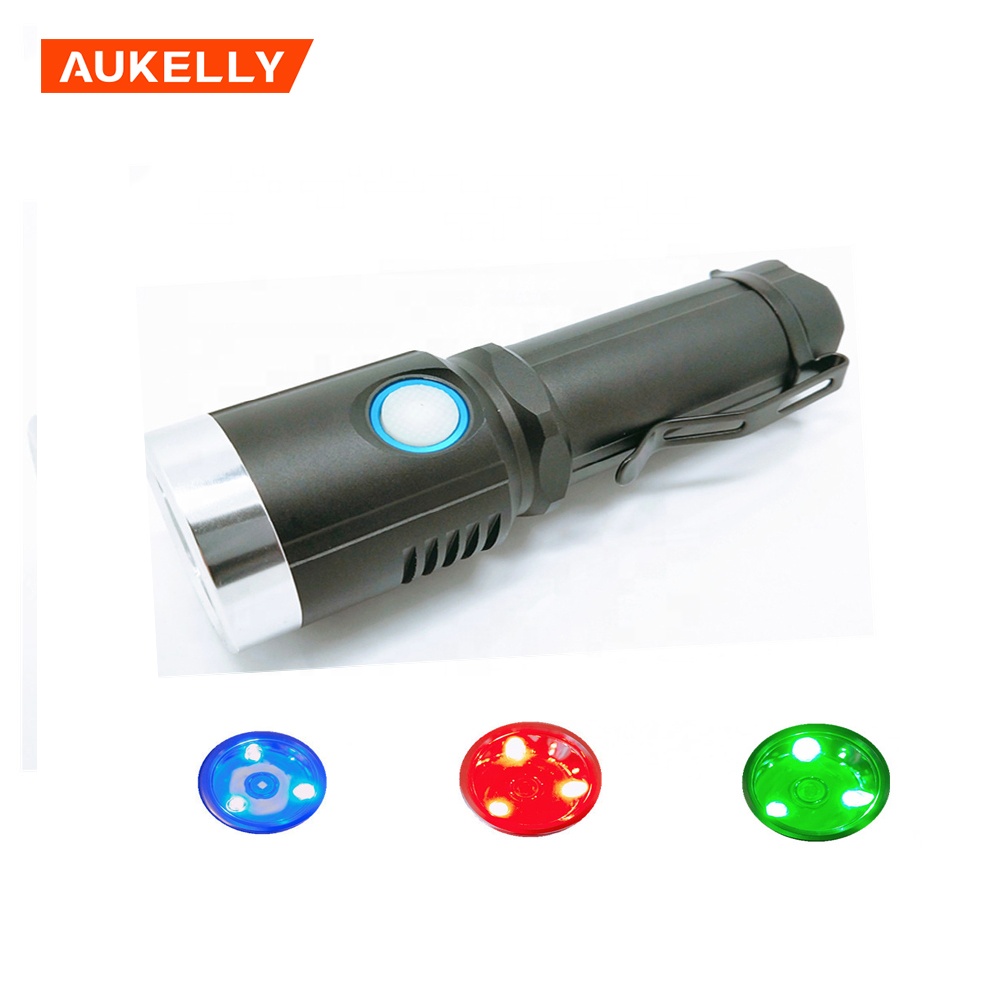 1200 Lumen Aluminum Alloy XM-L2 Waterproof USB Rechargeable Torch 3 Colors RED Green Blue Light Emergency 18650 Flashlight