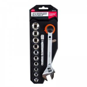 12PC 9-IN ADJUSTABLE WRENCH W/ 3/8-IN RATCHET HANDLE & MULTI-FIT SOCKET SET