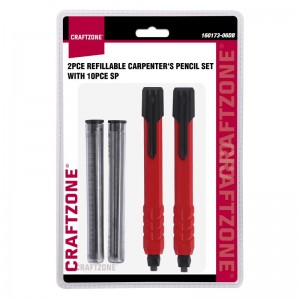 2PC REFILLABLE CARPENTER’S PENCIL SET WITH 10PCE SPARE REPLACEMENT LEAD IN CLEAR TUBE MEDIUM GRADE LEAD