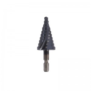 HEX SHANK STEP DRILL W/SPIRAL GROOVE(TIALN), 1/4” SHANK, 1/5” TO 1” STEP