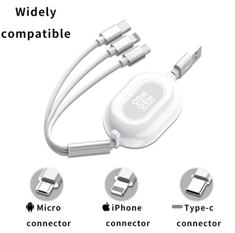 3 In 1 Retractable usb cable multiple adapters TPE charging cable