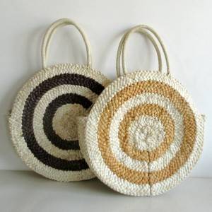 Color Blocking round straw woven bag beach bag women handbag raffia grass pompom corn husk bag