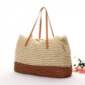 Summer Straw Tote Bag with Polyester Lining Handmade Crocheted