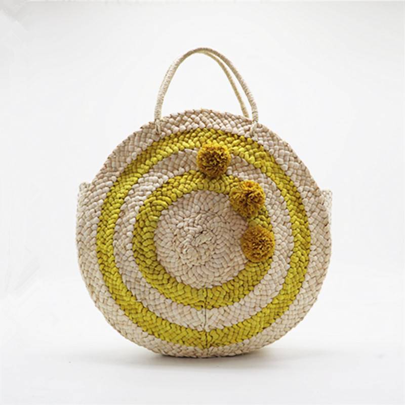 Color Blocking round straw woven bag beach bag women handbag raffia grass pompom corn husk bag Featured Image