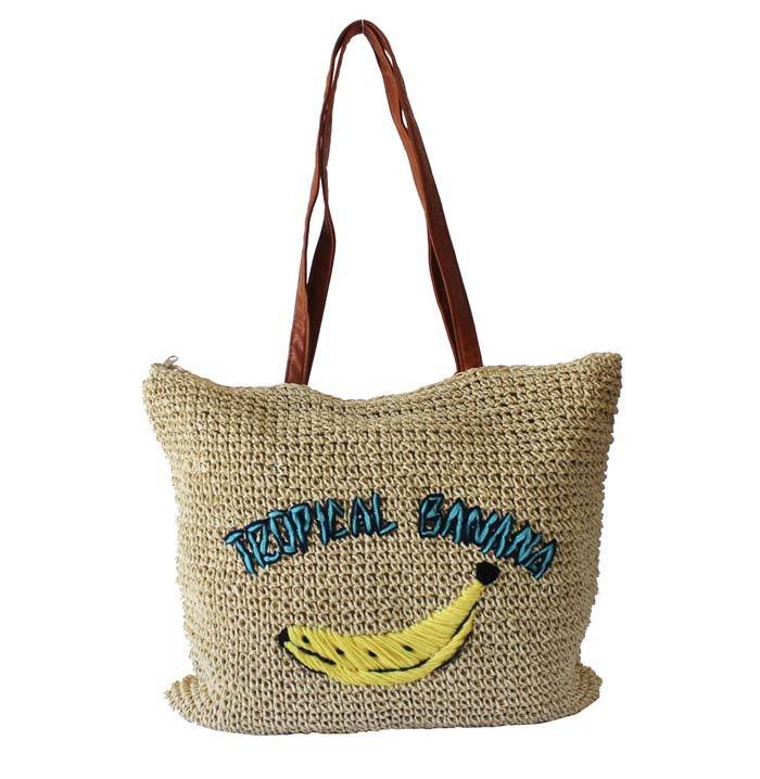 Nuevo bolso de mano de paja con bordado de plátano tejido Bolso de paja de playa de verano con bandolera Imagen destacada
