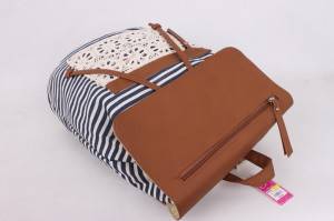new black and white stripe classic pu leather zipper canvas backpack
