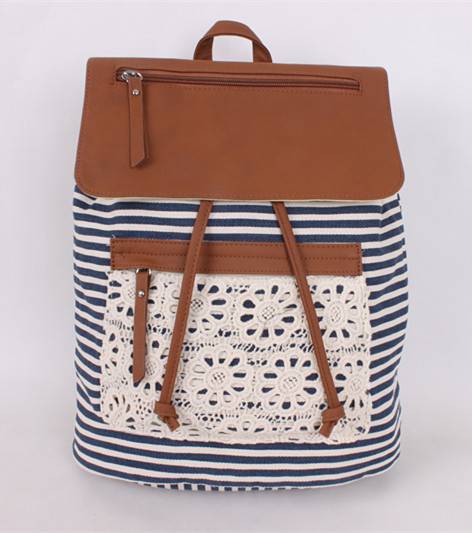 new black and white stripe classic pu leather zipper canvas backpack Featured Image