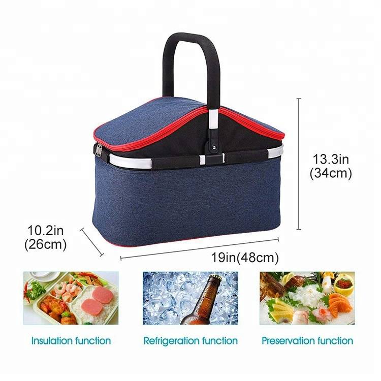 Large Capacity 30L Family Size Insulated Folding Picnic Basket Service Insulated Lunch Tote Bag Insulated Cooler