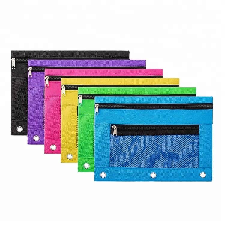 Fashionable free sample zipper color pencil pouch custom with multicolor mesh window