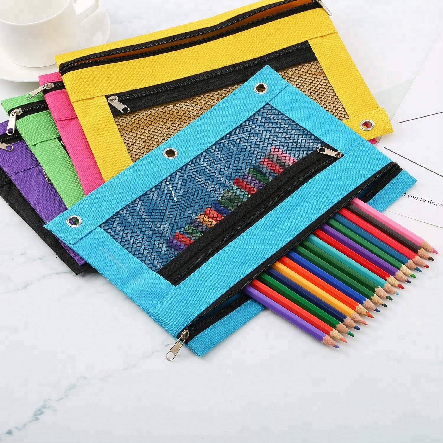 Fashionable free sample zipper color pencil pouch custom with multicolor mesh window