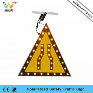 New triangle amber LED flashing light solar warning sign board