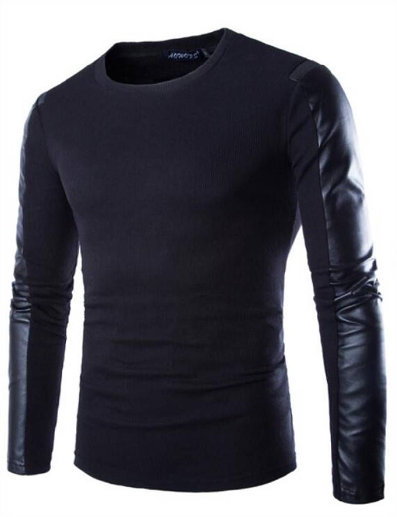 Wholesale PU Leather T Shirt Men Long Sleeve Autumn Spring Blank Round ...