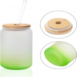 13 OZ Sublimation Glass Cans Blanks Frosted Green with Bamboo Lid and Clear Glass Straw Wide Mouth