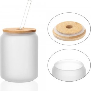 13 OZ Sublimation Glass Cans Blanks Frosted with Bamboo Lid and Clear Glass Straw Wide Mouth
