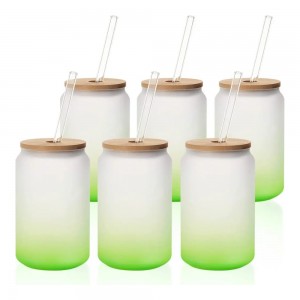 13 OZ Sublimation Glass Cans Blanks Frosted Green with Bamboo Lid and Clear Glass Straw Wide Mouth