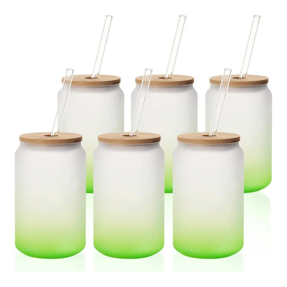 Factory Cheap Hot Sublimation Machine 8 In 1 - 13 OZ Sublimation Glass Cans Blanks Frosted Green with Bamboo Lid and Clear Glass Straw Wide Mouth – Xinhong