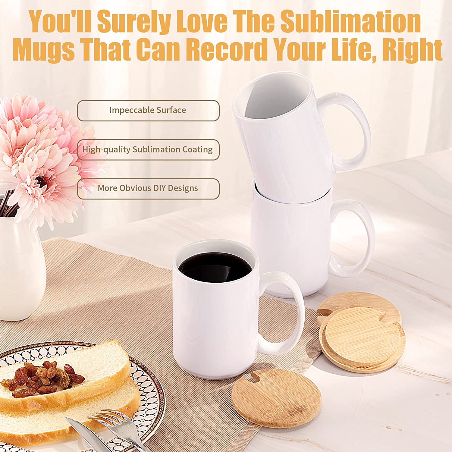 Wholesale 15 oz Sublimation Mugs Blank with Bamboo Lid White Coffee Mugs  Sublimation Manufacturer and Supplier