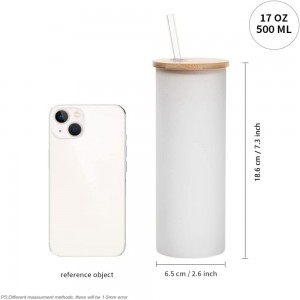 17 OZ Sublimation Blanks Glass Tumbler Skinny Straight Frosted with Bamboo Lid and Glass Straw