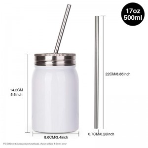 17 OZ Sublimation Blanks Mason Jar Tumbler with Lid and Metal Straw