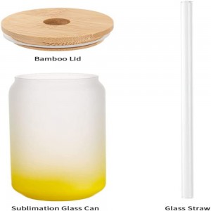 18 OZ Sublimation Glass Cans Blanks Frosted Lemon Yellow with Bamboo Lid and Clear Glass Straw Beer Cans Wide Mouth