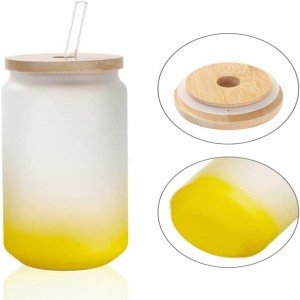 18 OZ Sublimation Glass Cans Blanks Frosted Lemon Yellow with Bamboo Lid and Clear Glass Straw Beer Cans Wide Mouth