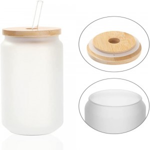18 OZ Sublimation Glass Cans Blanks Frosted with Bamboo Lid and Clear Glass Straw Beer Cans