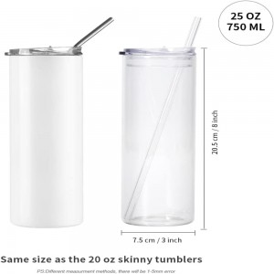 25 OZ Sublimation Glass Blanks Skinny Tumbler Clear Straight Tumbler Coffee Jucie Cups with Lid and Glass Straw