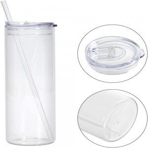 25 OZ Sublimation Glass Blanks Skinny Tumbler Clear Straight Tumbler Coffee Jucie Cups with Lid and Glass Straw