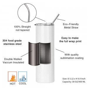 30 OZ Sublimation Blank Tumbler Skinny Straight Stainless Steel Coffee Tumbler