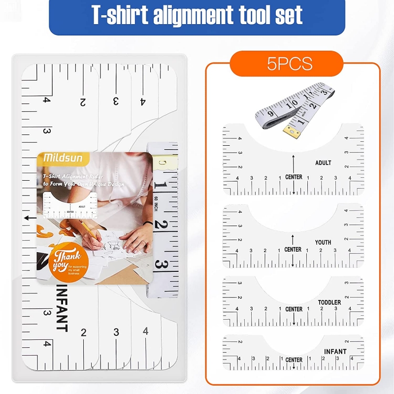 T-Shirt Ruler Guide, 6 Piece T-Shirt Alignment Tool Set for Vinyl,  Sublimation T Shirt Placement Ruler to Center Designs with Measuring Ruler,  Adult