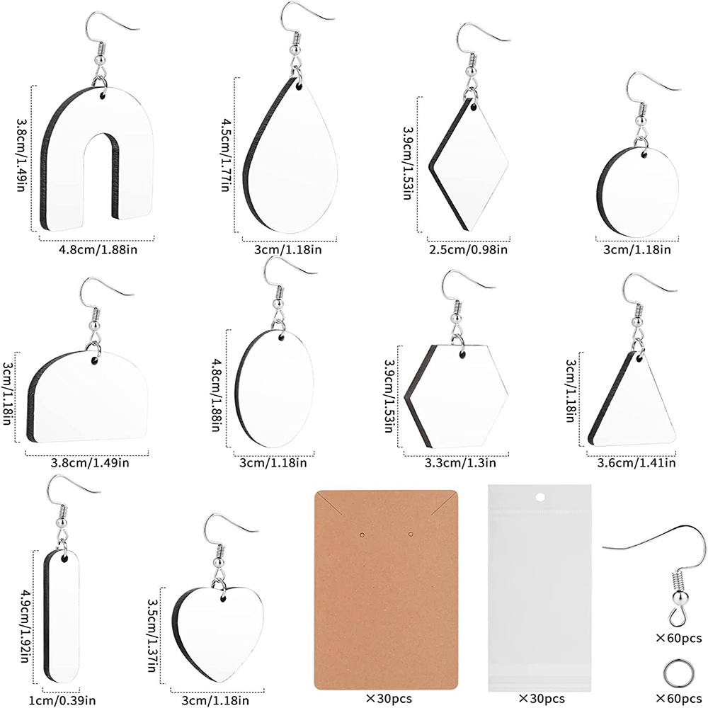 BEDSIFV Sublimation Earring Blanks Bulk - 60pcs Sublimation Earring Blanks  10 Shapes with Tassels, Earring Hooks, Jump Rings, Cardboard Holders, Clear