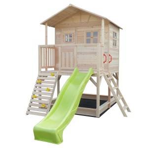 C102 Дървена къщичка със зелена пързалка и пясъчник
