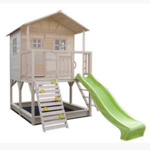 C102 Wooden Cubby House With Green Slide And Sandpit