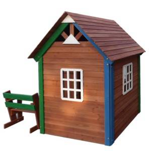 C043 Casa de juegos de madera para niños con asiento de caja de almacenamiento de ventana estilo Shop-Front
