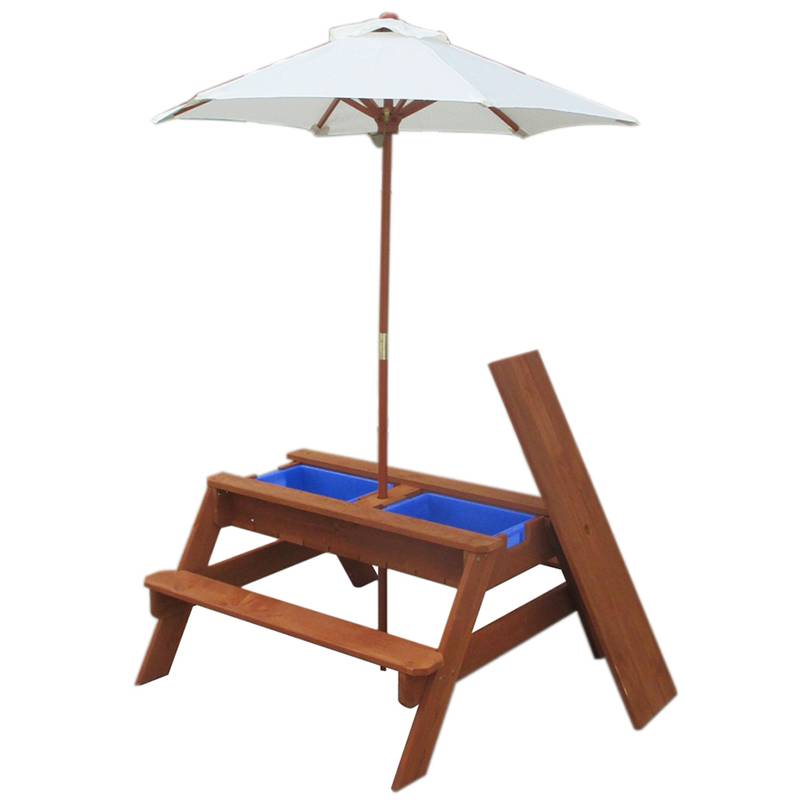 T267 wooden children picnic table with parasol and sandbox Featured Image