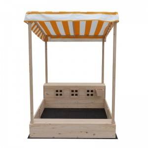 C249 Outdoor Kids Sandbox with Canopy Wooden Sandpit with Storage for Games