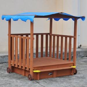 C060 Outdoor Playground Sandbox with Sun Canopy Wooden Drawable Sandpit for Children