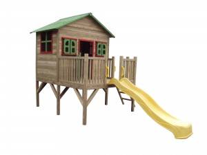 C010 Fabricante de casitas de madera para niños Casita de juegos al aire libre con escalera y tobogán