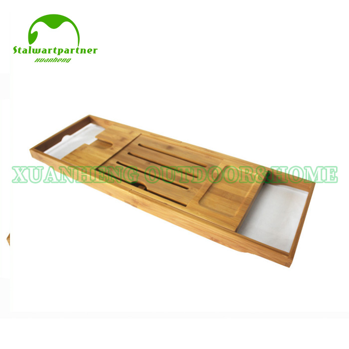 Luxury Bamboo Bathtub Caddy Tray With Reading Rack And Wine Glass Holder