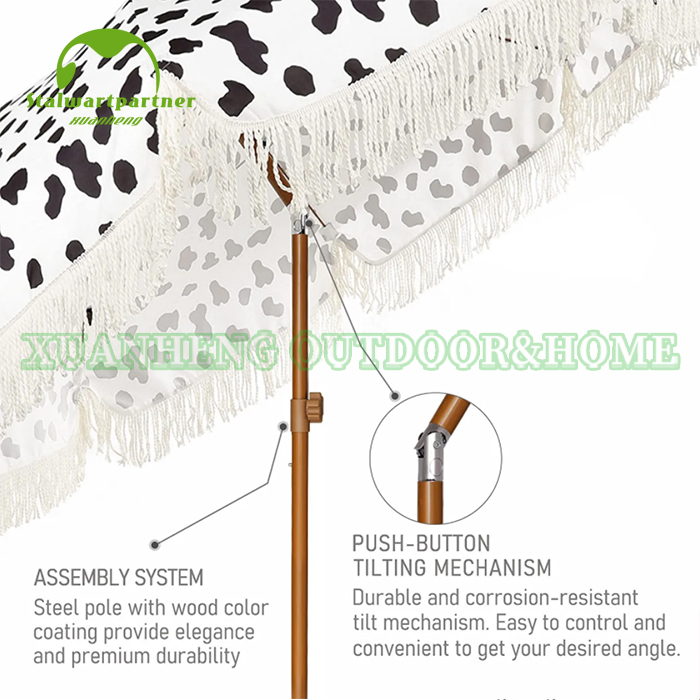 Wooden Pole Custom Print Beach Umbrella With Tassels XH-U017