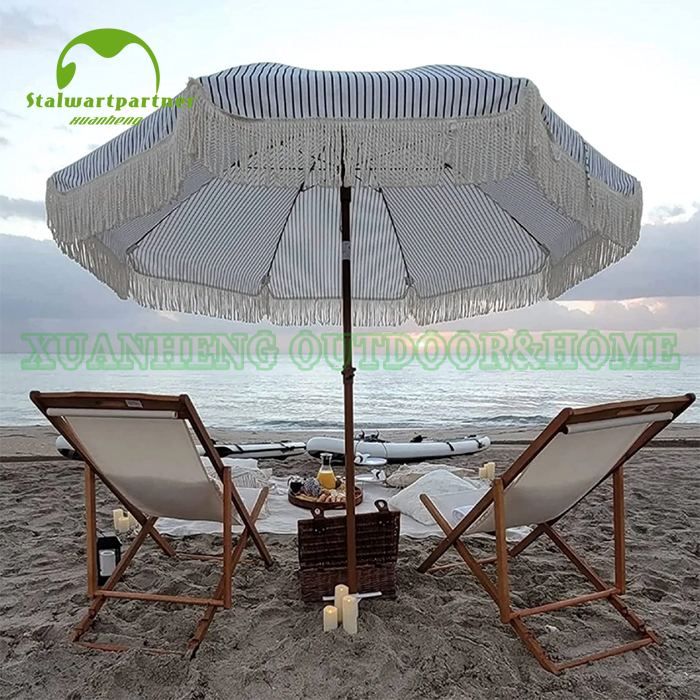 Outdoor Wooden Folding Beach Umbrella with Tassels XH-U020