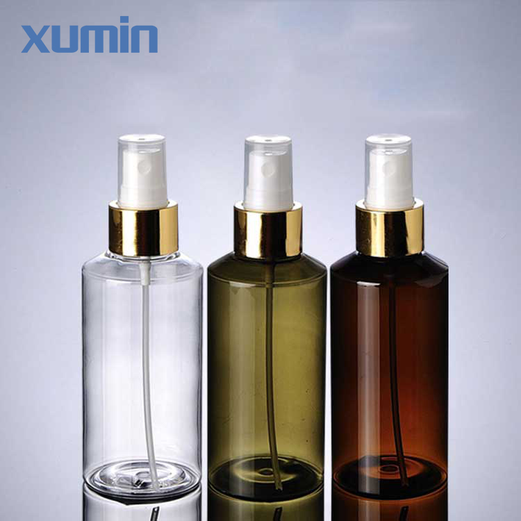 Free sample for Clear Plastic Containers -
 International design inclined shoulder golden spray cap white green amber 150ml cosmetic pet plastic spray bottle – Xumin
