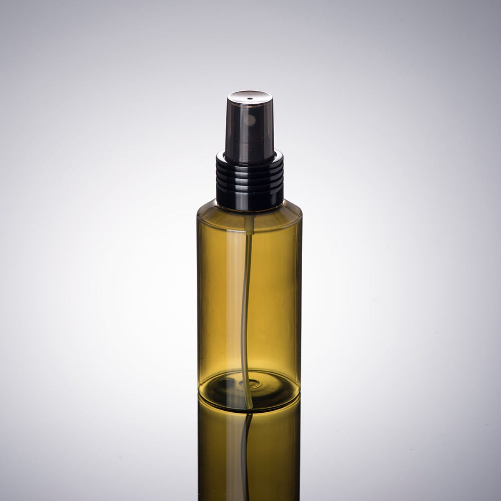 Fashion packaging black spray cap inclined shoulder 100 ml green amber plastic cosmetic pet bottle