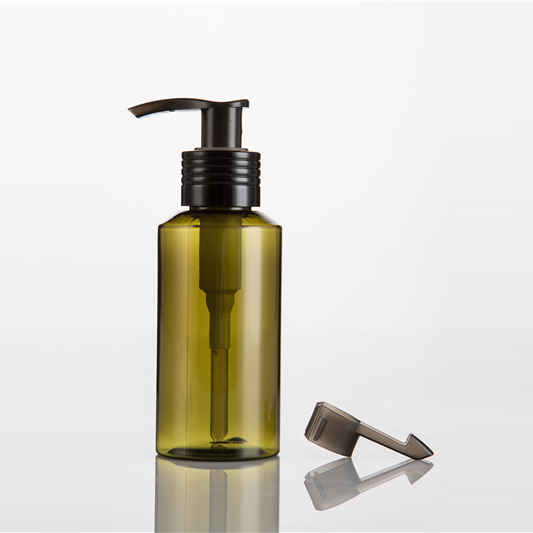 Leakproof design black pump cap round shoulder 100ml green amber plastic cosmetic pet bottle