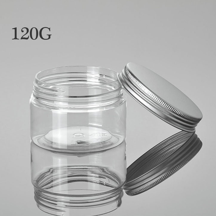 Leakproof design aluminum cap 50G 100G 120G 150G clear cap 200G cosmetic pet plastic jar