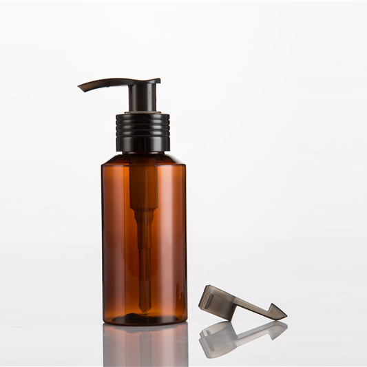 Leakproof design black pump cap round shoulder 100ml green amber plastic cosmetic pet bottle