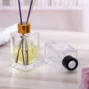 Wholesale rectangular shape crystal aroma decorative glass reed diffuser bottle with metal cap 100ml