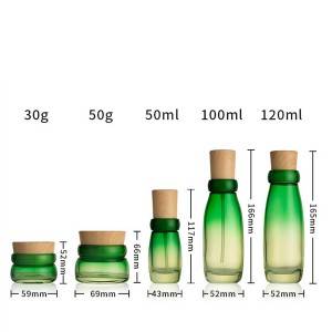 30g 50гр / 50мл 100ml 120ml нов дизајн лист форма зелено стакло слој козметички празни шишиња со бамбус модел пластична капа