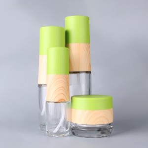 Wholesale Green high-grade skin care pressure pump lotion glass bottle clear empty face cream jar
